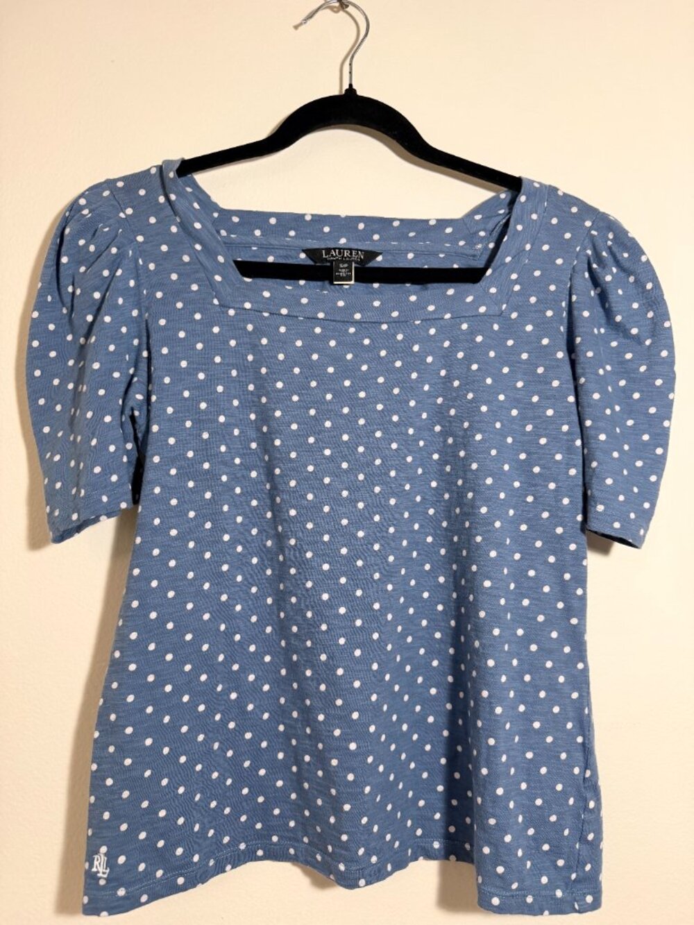 Lauren Ralph Lauren Blue Polka Dot Puff Sleeve Tee Quiet Luxury Cottagecore Top - Picture 2 of 6